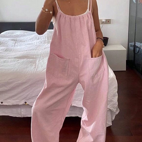 Pink Casual Women's Sleeveless Jumpsuit With Pockets - Picture 2 of 5